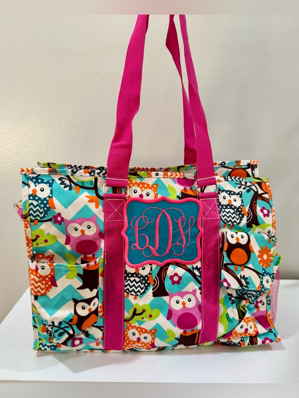 Large 18” Owl Print Organizer Tote Bag Removable Monogram Patch Multi Pocket